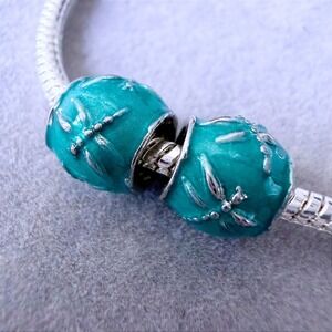 Teal Enamel Dragonfly Charm Beads Set of 2 Silver Tone Turquoise fits PANDORA